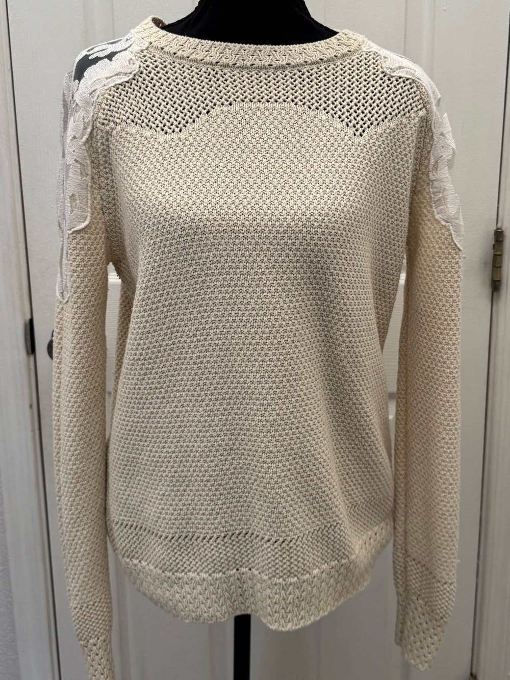 Absolutely Cream Crewneck Sweater with Lace Shoulder Panels